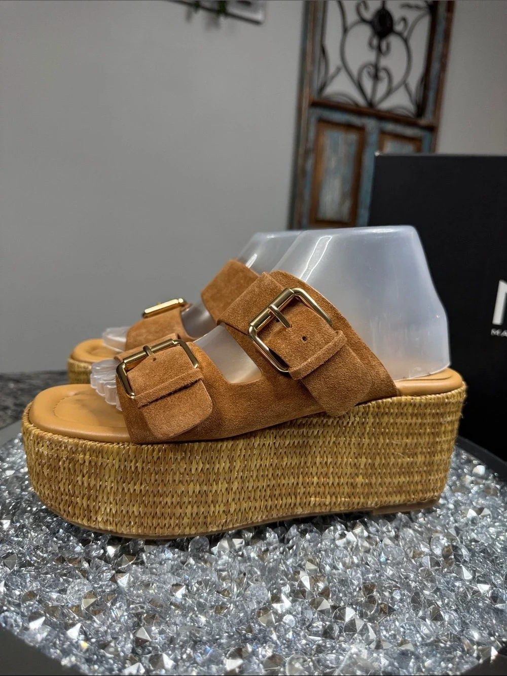Marc Fisher Palery leather Suede Tan Platform Slide Sandals Buckles Woven sole